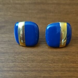 Blue and Gold Square Clip Earrings